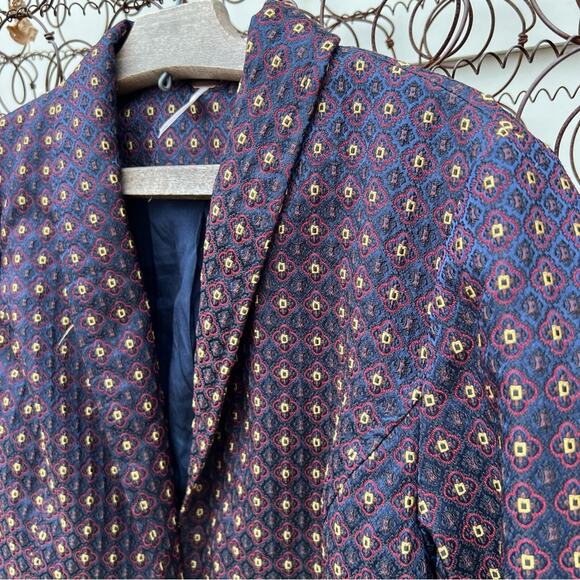 Free People Shrunken Jacquard Jacket Blazer Navy Maroon Geometric SMALL - Picture 4 of 11